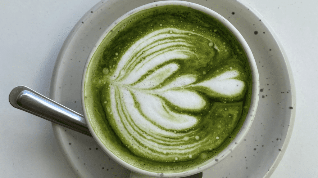 Matcha latte z mlecznym wzorem w szklance — jak zrobić matchę na mleku