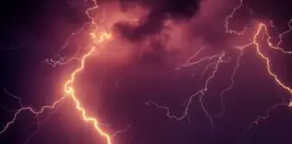 Błyskawice nad miastem podczas nocnej burzy