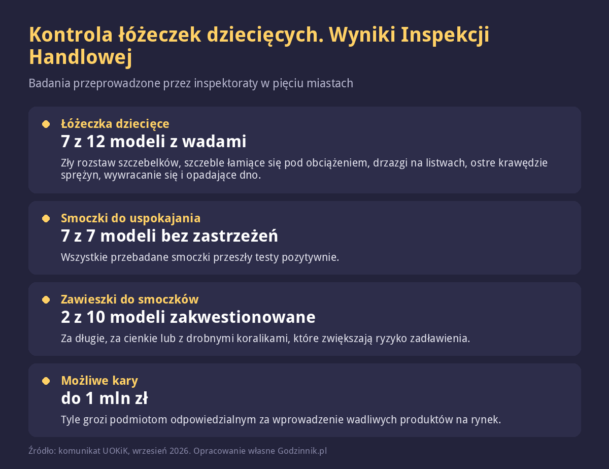 Infografika z wynikami kontroli łóżeczek dziecięcych, smoczków i zawieszek przeprowadzonej przez Inspekcję Handlową