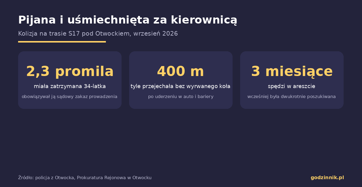 Infografika z najważniejszymi liczbami dotyczącymi kolizji spowodowanej przez nietrzeźwą kierującą na S17