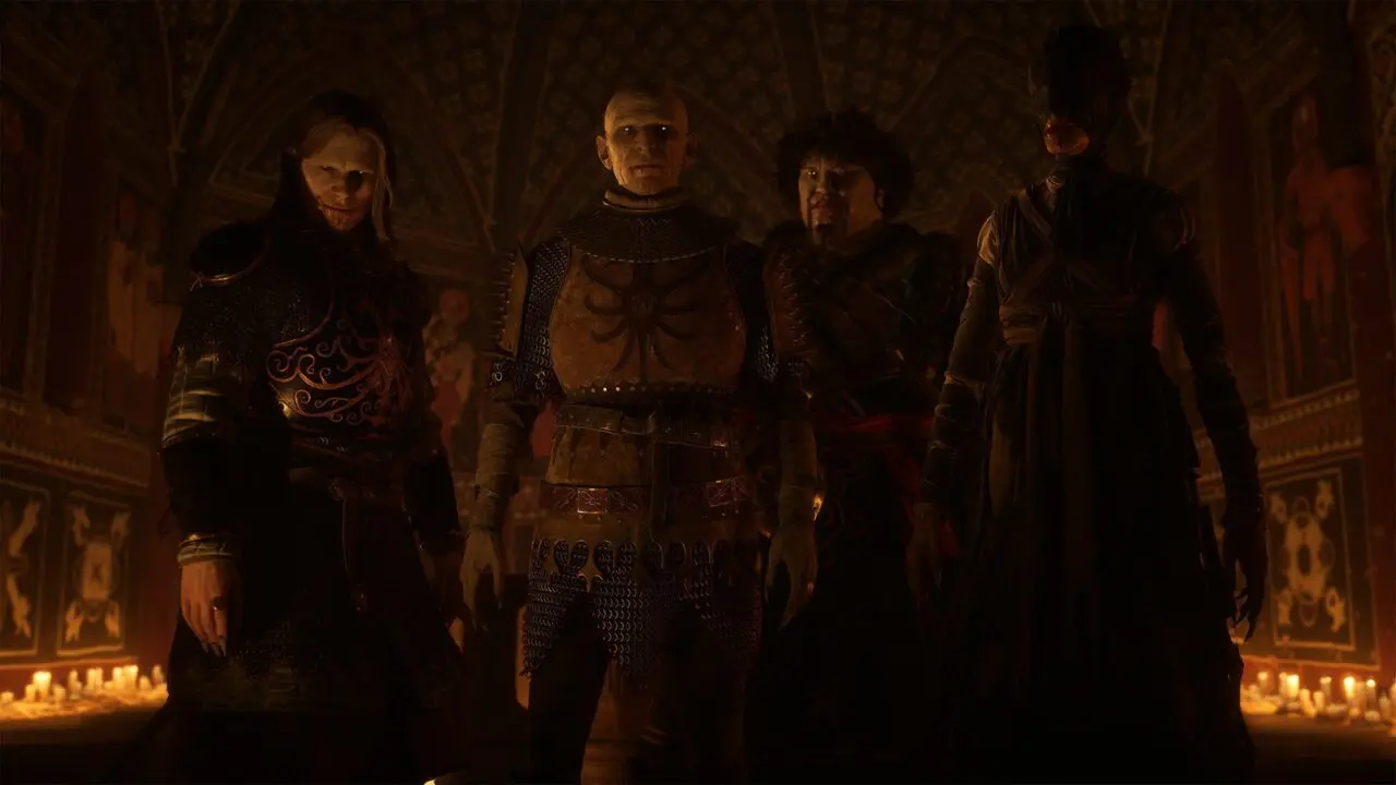 Uzbrojone postacie w kamiennej sali rozświetlonej świecami w grze The Blood of Dawnwalker