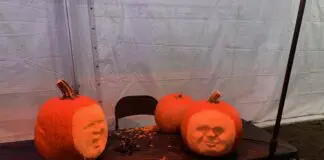 Wydrążone dynie z wyciętymi twarzami jako dekoracja na Halloween