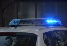 Radiowóz policyjny z włączonymi niebieskimi światłami nocą (zdjęcie ilustracyjne)