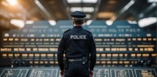 Polski policjant w mundurze podczas służby