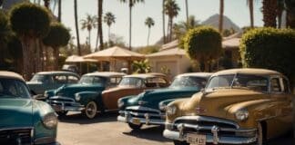 Pewnego razu w Hollywood – plan filmowy z lat 60. z zabytkowymi samochodami i palmami