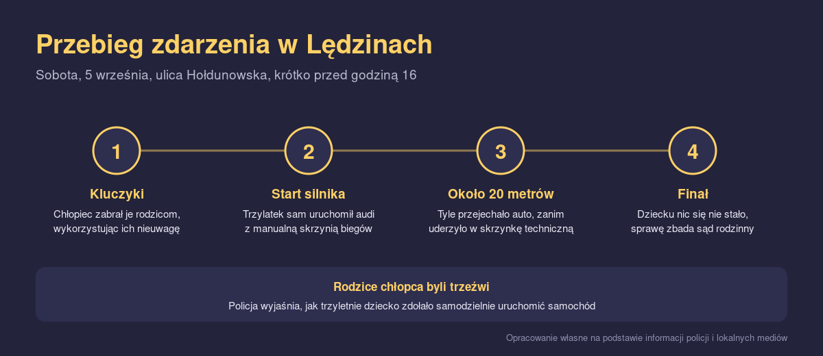 Infografika pokazująca krok po kroku przebieg zdarzenia z udziałem trzylatka w Lędzinach