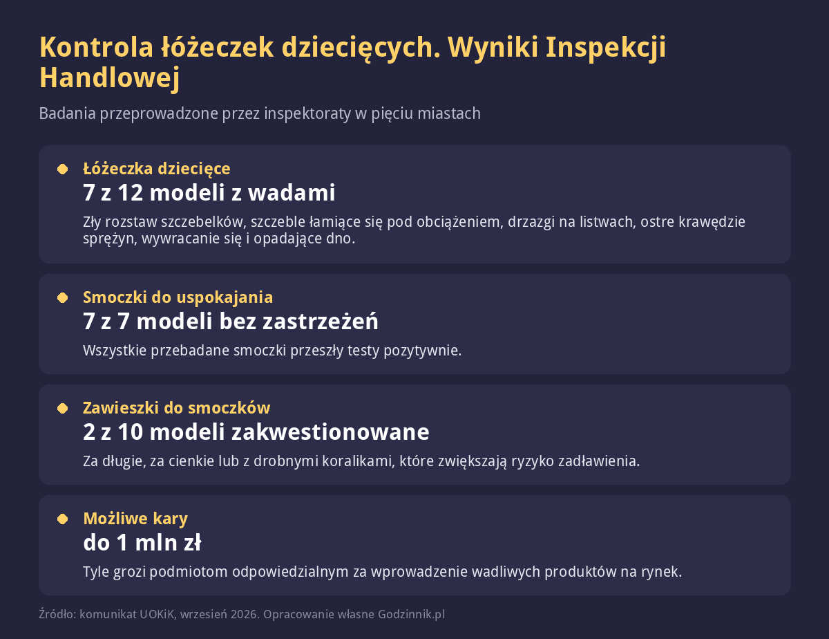 Infografika z wynikami kontroli łóżeczek dziecięcych, smoczków i zawieszek przeprowadzonej przez Inspekcję Handlową
