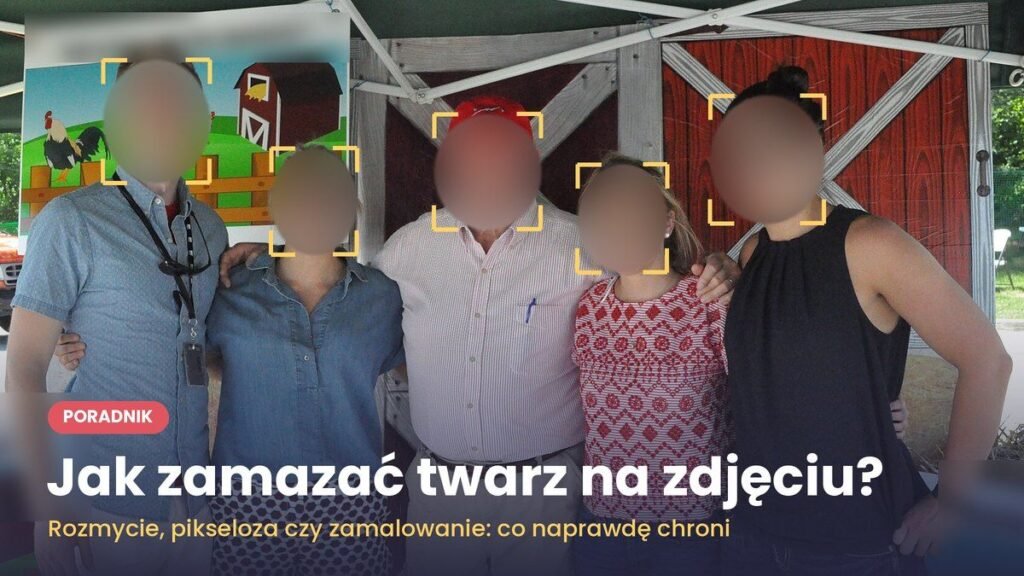 Jak zamazać twarz na zdjęciu? Sposoby na telefonie, komputerze i online jak zamazać twarz na zdjęciu Pięć osób pozuje do wspólnego zdjęcia, a ich twarze są zamazane mocnym rozmyciem i zaznaczone ramkami wykrywania twarzy