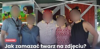 Pięć osób pozuje do wspólnego zdjęcia, a ich twarze są zamazane mocnym rozmyciem i zaznaczone ramkami wykrywania twarzy