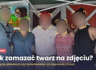 Pięć osób pozuje do wspólnego zdjęcia, a ich twarze są zamazane mocnym rozmyciem i zaznaczone ramkami wykrywania twarzy